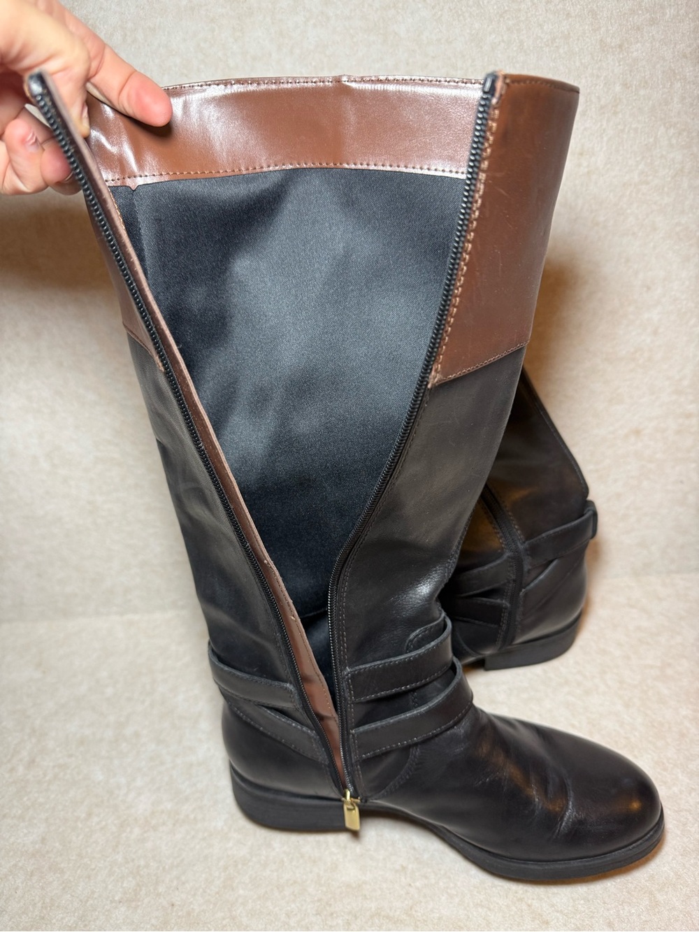 Bandolino BDTESSI Two Tone High Leather Boots Black Cognac Brown Size 8M - Picture 13 of 13